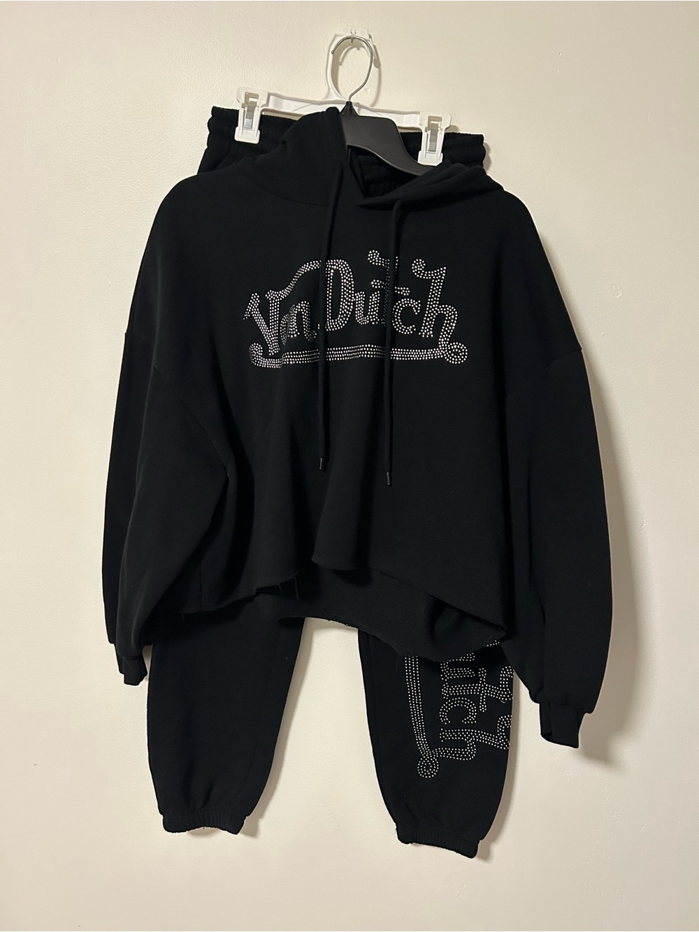 Von Dutch Black Rhinestone Logo Hoodie & Joggers Set